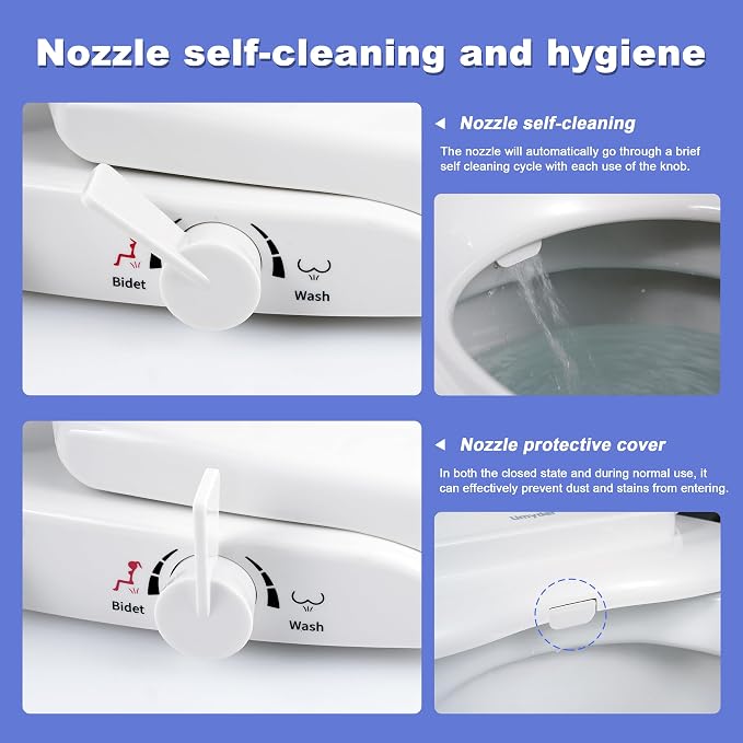 Non-Electric Toilet Seat with Bidet Fits Elongated Toilets | Self-Cleaning Dual Nozzle System for Front&Rear Wash,Adjustable Water Pressure,Quiet&Slow Close Toilet Seat&Lid,Non Loosening