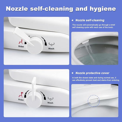 Non-Electric Toilet Seat with Bidet Fits Elongated Toilets | Self-Cleaning Dual Nozzle System for Front&Rear Wash,Adjustable Water Pressure,Quiet&Slow Close Toilet Seat&Lid,Non Loosening