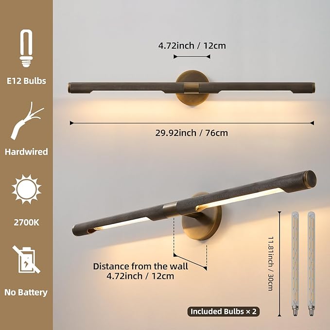 Museum Gallery Bathroom Picture Light - 30 Inch Long Bronze Brass Dimmable Hardwired Wall Sconces with E12 Bulb - Frame Pictures Art Deco Sconce Lights for Painting Photo Artwork Library Vanity Over