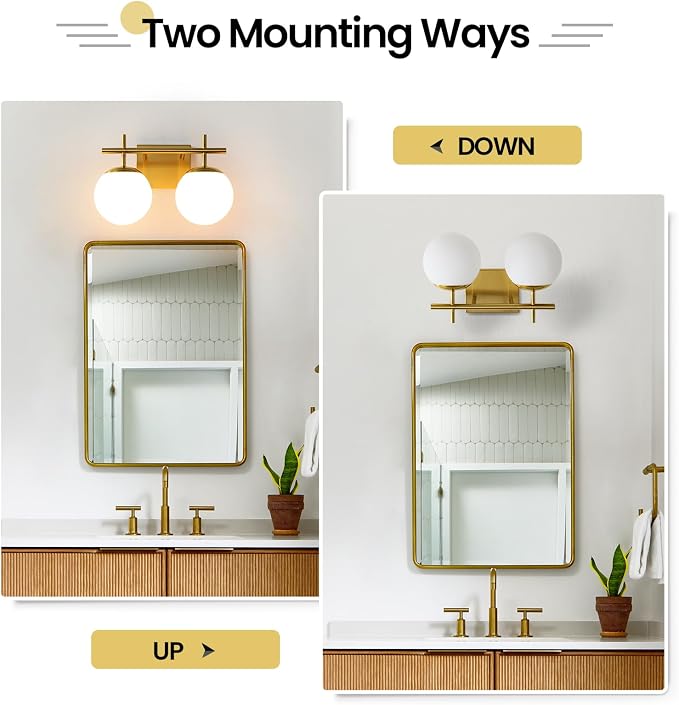 AIJIASI Gold Vanity Light, 2-Light Bathroom Lighting Fixtures Over Mirror Milky White Glass Globe Shades, Modern Vanity Lighting Fixtures Wall Sconce 14 Inch (Exclude E26 Bulb)