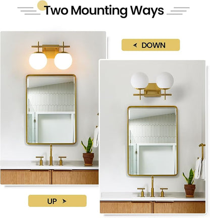 AIJIASI Gold Vanity Light, 2-Light Bathroom Lighting Fixtures Over Mirror Milky White Glass Globe Shades, Modern Vanity Lighting Fixtures Wall Sconce 14 Inch (Exclude E26 Bulb)