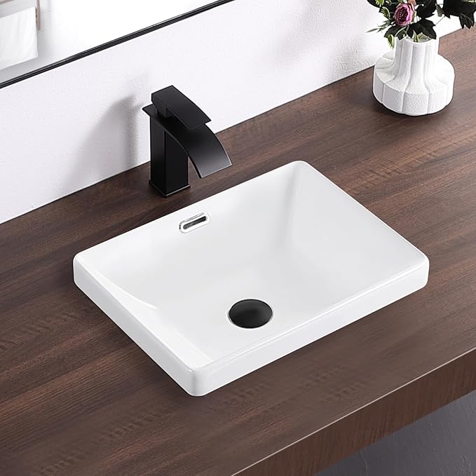 Small Bathroom Vessel Sink 16.7'' x 12.6'' Semi Recessed Bathroom Sink Rectangular Drop-in Vanity Sink with Overflow White Ceramic Modern Art Basin