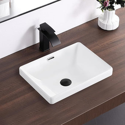 Small Bathroom Vessel Sink 16.7'' x 12.6'' Semi Recessed Bathroom Sink Rectangular Drop-in Vanity Sink with Overflow White Ceramic Modern Art Basin