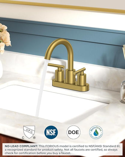 FORIOUS Brushed Gold Bathroom Faucet Centerset 4 Inch, Gold Vanity Faucet | Commercial Gold Faucet Bathroom 4 Inch, Gold Faucets for Bathroom Vanity wtih Dain, Hose, High Arc Swivel Spout, Hospitality