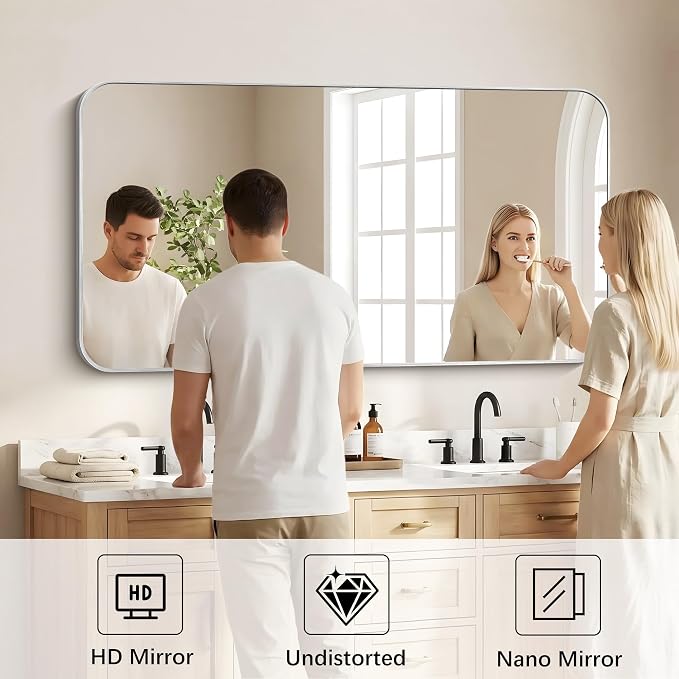 DESBING 55"x30" Bathroom Mirror for Over Sink, Silver Framed Wall Mirror | High-Definition Shatterproof Vanity Mirror with Rounded Corner for Bedroom Living Room Entryway Horizontally or Vertically