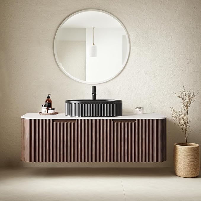 48" Floating Bathroom Vanity with Sink, Wall-Mount Cabinet with 2 Large Storage Drawer, Black Oval Bathroom Ceramic Basins and Marble Top, Soft-Close Design, Dark Walnut