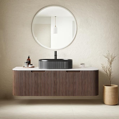48" Floating Bathroom Vanity with Sink, Wall-Mount Cabinet with 2 Large Storage Drawer, Black Oval Bathroom Ceramic Basins and Marble Top, Soft-Close Design, Dark Walnut