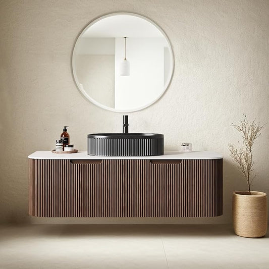48" Floating Bathroom Vanity with Sink, Wall-Mount Cabinet with 2 Large Storage Drawer, Black Oval Bathroom Ceramic Basins and Marble Top, Soft-Close Design, Dark Walnut