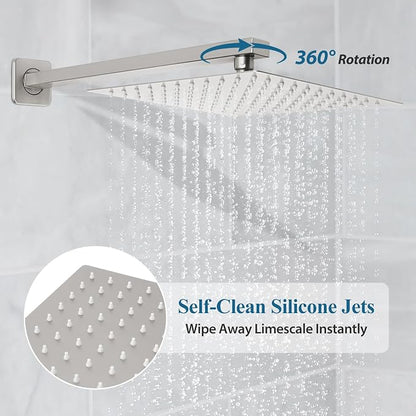 Brushed Nickel Square Rainfall Shower Head Set with Handheld & Faucet, 10" | Wall Mounted Bathroom Shower Faucet, 10 Inch Square Head, With Shower Valve, Rustproof Brushed Nickel, High Pressure Raindrop