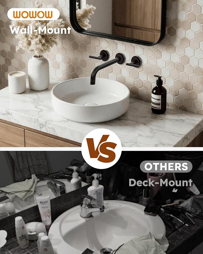 Oil Rubbed Bronze Bathroom Faucet - WOWOW Wall Mount Bathroom Faucet, 2 Handle Vanity Faucet 3 Holes Rough in Brass Valve Included Elegant Spout