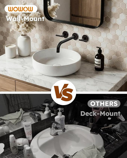 Oil Rubbed Bronze Bathroom Faucet - WOWOW Wall Mount Bathroom Faucet, 2 Handle Vanity Faucet 3 Holes Rough in Brass Valve Included Elegant Spout