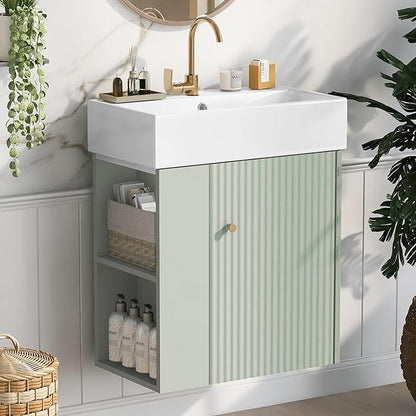 Harper & Bright Designs 21.6" Bathroom Vanity with Sink, Wall-Mounted Single Basin Vanity Set with Cabinet & Two-Tier Left Side Storage Shelf, Storage Cabinet with Ceramic Basin for Bathroom, Green