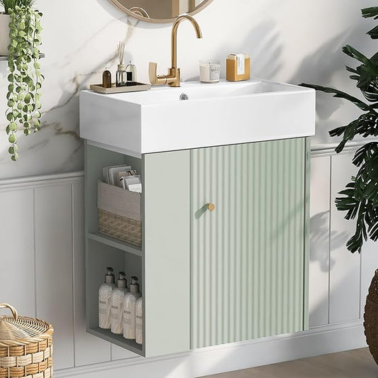 Harper & Bright Designs 21.6" Bathroom Vanity with Sink, Wall-Mounted Single Basin Vanity Set with Cabinet & Two-Tier Left Side Storage Shelf, Storage Cabinet with Ceramic Basin for Bathroom, Green