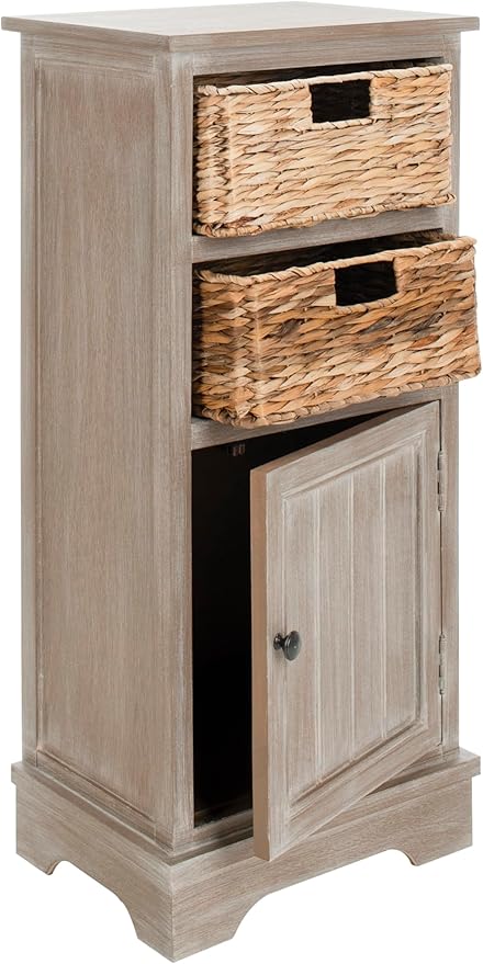 SAFAVIEH Home Collection – Connery White Washed Storage Cabinet with Rattan Baskets & Bottom Door, Farmhouse Accent Storage, Fully Assembled (AMH5742E)