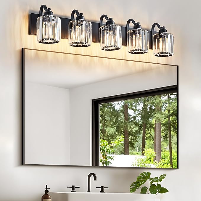 Crystal Vanity Light Black Bathroom Vanity Lighting Fixtures 5 Lights Modern Vanity Light for Bathroom with Crystal Round Shade (Exclude Bulb)