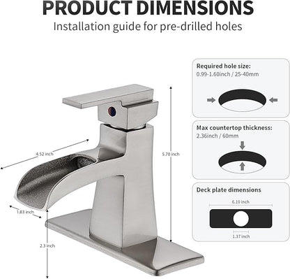 Brushed Nickel Waterfall Bathroom Faucet, Sanliv Single Handle Bathroom Sink Faucet with Pop-Up Drain & Deck Plate for 1 or 3-Hole (4 Inch Centerset) Modern Vanity Faucet Brushed Nickel