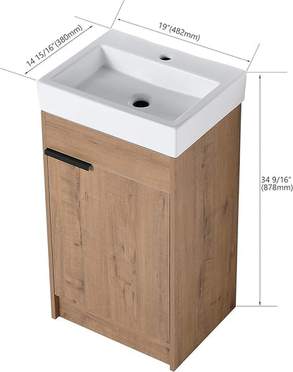 18 Inch Bathroom Vanity with Sink Combo, Floor-Mounted Bathroom Vanity with Soft Close Door&1 Adjustable Shelf,Modern Freestanding Bathroom Vanity with Top Basin & Storage Cabinet,Brown