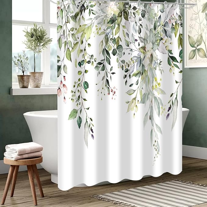 Eucalyptus Shower Curtain, Watercolor Green Leaves on The Top Plant with Floral Bathroom Curtain Bathtub Home Decor Waterproof Fabric Machine Washable with 12 Hooks