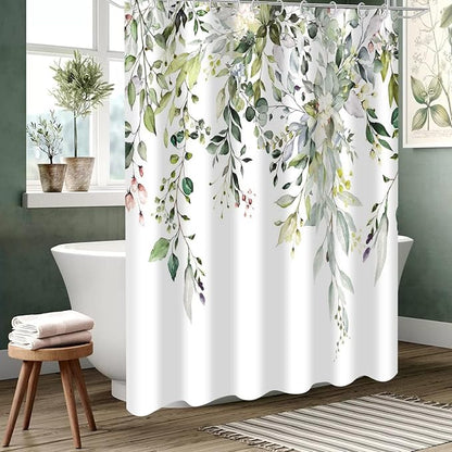 Eucalyptus Shower Curtain, Watercolor Green Leaves on The Top Plant with Floral Bathroom Curtain Bathtub Home Decor Waterproof Fabric Machine Washable with 12 Hooks