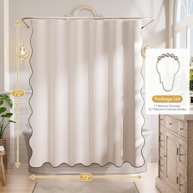 Bathway Modern Scalloped Shower Curtain, Linen Textured Beige Shower Curtain Set with 12 Metal Hooks, Neutral Cute Elegant Shower Curtain with Black Border for Bathroom, 72x72 Inches