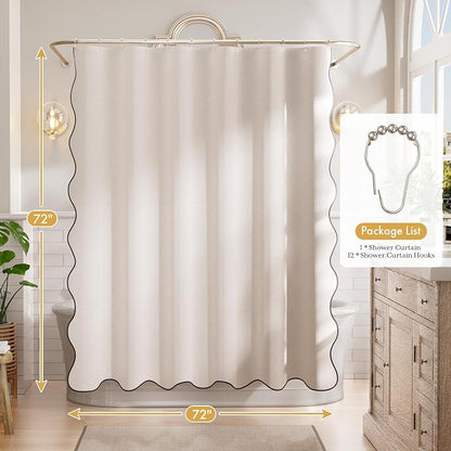 Bathway Modern Scalloped Shower Curtain, Linen Textured Beige Shower Curtain Set with 12 Metal Hooks, Neutral Cute Elegant Shower Curtain with Black Border for Bathroom, 72x72 Inches