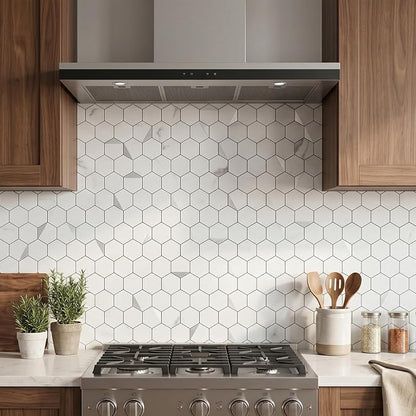 20-Sheet Hexagon Peel and Stick Backsplash Tile,12.2x11.54inches Marble White Mixed Silver Metal 3D PVC Wall Tiles Stick on Backsplash for Kitchen and Bathroom