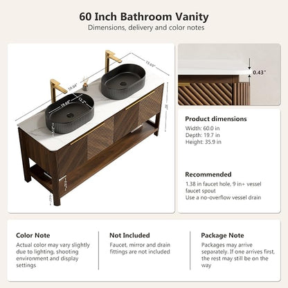 Yayzy 60 Inch Double Sink Bathroom Vanity, Dark Walnut Bathroom Cabinet with Double Matte Black Oval Vessel Sinks, Carrara White Sintered Stone Countertop, Soft Close Doors, Open Storage Shelf