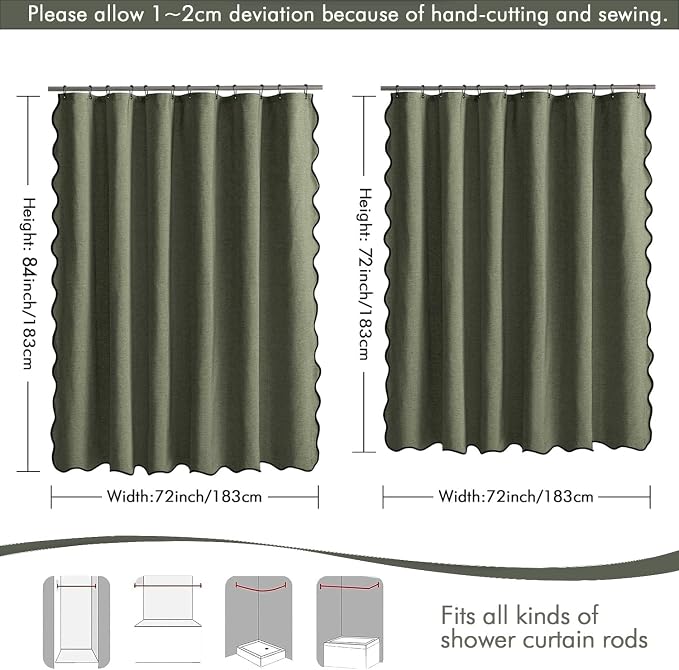 MIULEE 72"x84" Extra Long Scalloped Linen Shower Curtain Olive Green | Linen Textured, Waterproof, Washable, 12 Metal Hooks, Heavy Duty Cloth, Black Border, Shower Curtain for Bathroom Bathtub