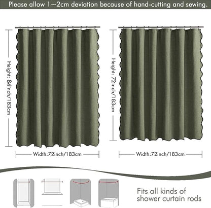 MIULEE 72"x84" Extra Long Scalloped Linen Shower Curtain Olive Green | Linen Textured, Waterproof, Washable, 12 Metal Hooks, Heavy Duty Cloth, Black Border, Shower Curtain for Bathroom Bathtub