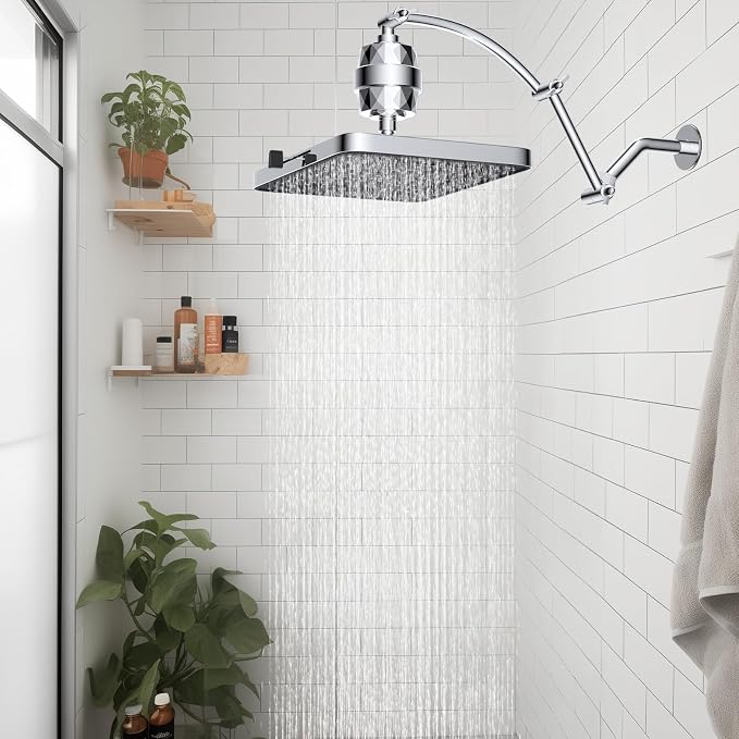 Hibbent Rain Filtered Shower Head, 13'' High Pressure Rainfall 5 Modes Showerhead with 16" Shower Head Extension Arm, Solid Brass Adjustable Shower Arm Extender, 20 Stage Shower Filter, Chrome