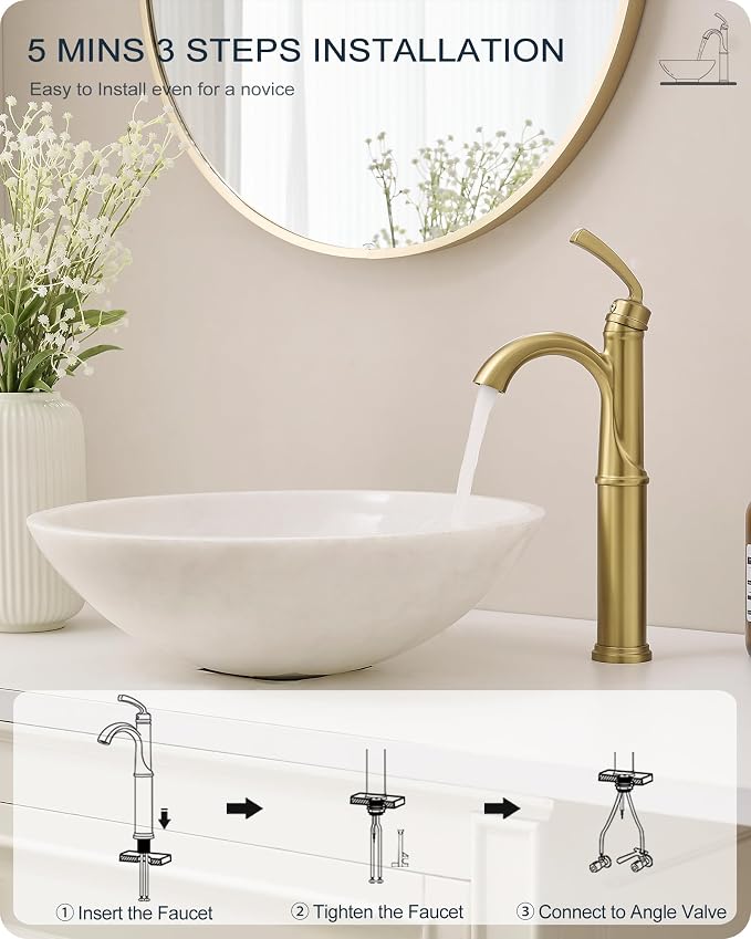 Gold Vessel Sink Faucet, Brass Tall Bathroom Sink Faucet One Hole with 1 Handle, Pop Up Drain, cUPC Supply Hoses & Aerator for Above Counter Basin, Arched Spout Design, 5 Mins Quick Installation