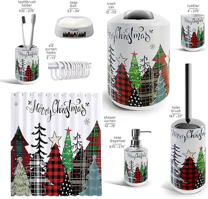 Clara Clark Bathroom Set - Christmas Shower Curtain Set, 19PC Bathroom Accessories Set, Christmas Bathroom Decor, Xmas Bathroom Accessory Set, Soap Dispenser, Toilet Brush, & Trash Can