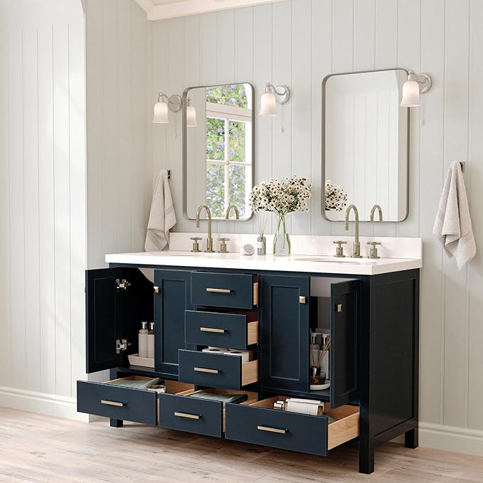 ARIEL Cambridge 60-inch Bathroom Vanity with Sink,Solid Wood, 1.5-inch Pure White Quartz Countertop & Backsplash, Double Oval Porcelain Sink, 4 Soft Closing Doors, 6 Dovetail Drawers, Midnight Blue
