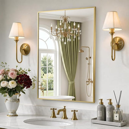 Gold Bathroom Mirror, 22"x30" Rectangle Mirror, Brushed Gold Mirror, Metal Frame Square Corner Vanity Mirror, Wall Mounted Mirror for Modern, Living Room, Bedroom, Horizontal Or Vertical