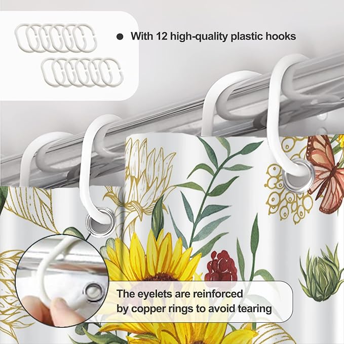 AWERT Vibrant Sunflower Shower Curtain for Bathroom,Waterproof Fabric Plants Shower Curtain with Hooks 72x84 inch