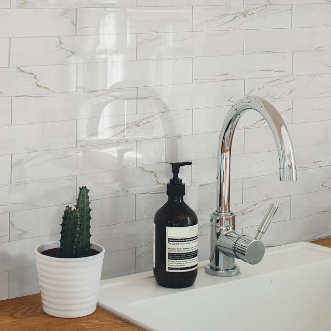 80-Piece Glossy Calacatta Gold Marble Thick PVC Peel and Stick Backsplash, 2" x 8" Waterproof Subway Tile Peel and Stick Wall Tiles for Kitchen and Bathroom
