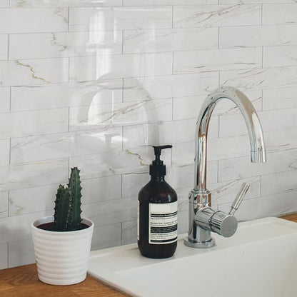 80-Piece Glossy Calacatta Gold Marble Thick PVC Peel and Stick Backsplash, 2" x 8" Waterproof Subway Tile Peel and Stick Wall Tiles for Kitchen and Bathroom