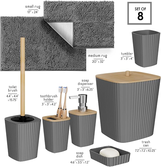 Clara Clark Bathroom Set - Grey Bathroom Accessories Set, 6PC Bathroom Accessory Set, Bathroom Sets with Bathroom Rugs, Toilet Brush, Trash Can & Soap Dispenser