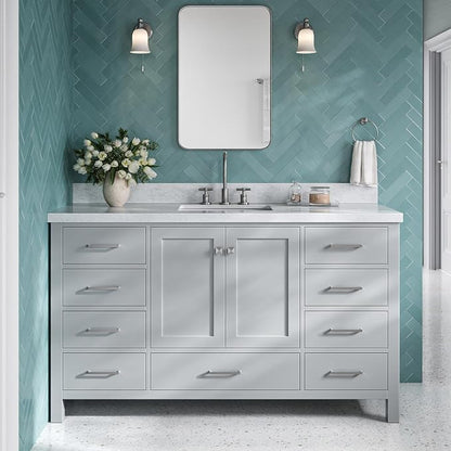 Beckford 60 Inch Bathroom Vanity Single Sink — Grey Bathroom Vanity with Sink, 1.5" Edge Italian Carrara Marble Countertop & Backsplash, 2 Soft-Close Doors, 9 Dovetail Drawers