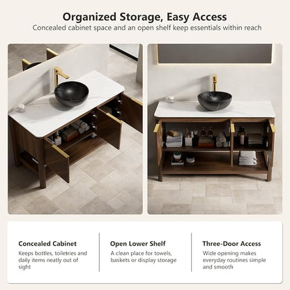 Yayzy 48 Inch Bathroom Vanity with Sink, Freestanding Dark Walnut Bathroom Cabinet, Black Marble Pattern Vessel Sink, Carrara White Sintered Stone Countertop, Soft Close Doors, Open Storage Shelf