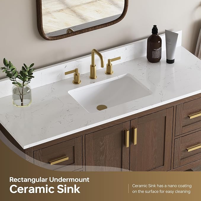 48 Inch Bathroom Vanity with Sink, Farmhouse Storage Cabinet with Drawers & Open Storage Shelf, Fully-Assembled, Soft-Closing Drawers and Adjustable Feet, Walnut