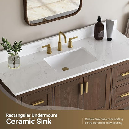 48 Inch Bathroom Vanity with Sink, Farmhouse Storage Cabinet with Drawers & Open Storage Shelf, Fully-Assembled, Soft-Closing Drawers and Adjustable Feet, Walnut