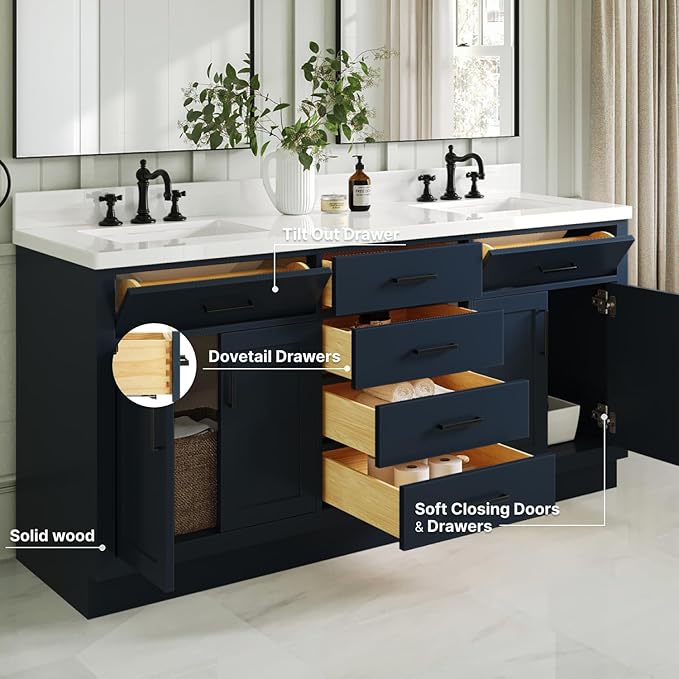 ARIEL Hepburn 72-inch Bathroom Vanity with Sink,Solid Wood, 1.5-inch Pure White Quartz Countertop, Double Rectangular Porcelain Sink, 4 Soft Closing Doors, 6 Dovetail Drawers, Midnight Blue