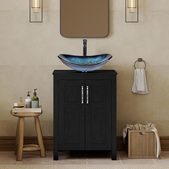 YOURLITE 24" Bathroom Vanity with Sink, Black Bathroom Vanity and Sink Combo with Faucet & Pop Up Drain Set,Traditional Vanity with Blue Glass Bowl Bathroom Sink