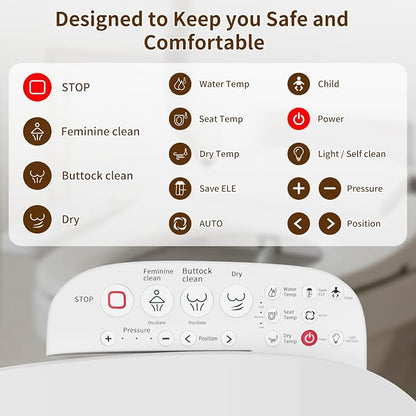 Bidet Toilet Seat with Side Controls, Instant Warm Water, Heated Seat, Warm Air Dryer, Self-Cleaning Stainless Steel Nozzles, Night Light, Soft Closed Lid, Requires Electricity, Elongated