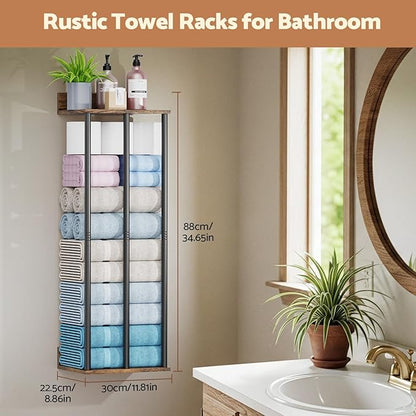 Towel Racks for Bathroom Wall Mounted, Upgraded Bathroom Towel Holder Bath Storage Rack for Rolled Towel, Small Towels, Folded Towels, Rustic Organizer Rack with Shelf, 34Inch