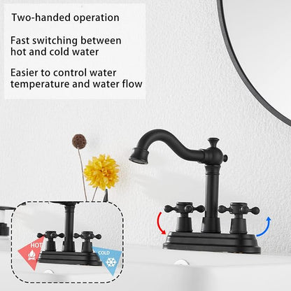 Bathroom Faucet Matte Black GGStudy 2 Handles 4 Inches Centerset Bathroom Vanity with Drain Assembly and Supply Hose Lavatory Faucet Mixer Double Handle Tap
