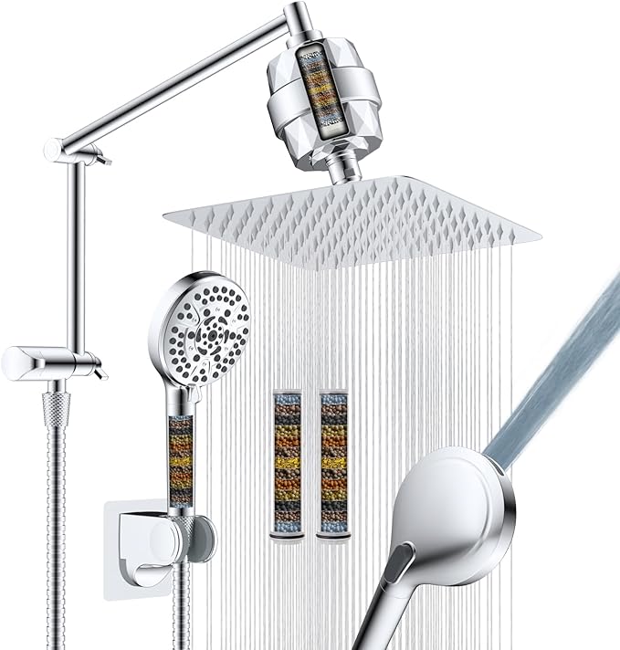 Metal Rain Filtered Shower Head with Handheld, 10" High-Pressure,10-Mode | Chrome, Rainfall Showerhead with 5" Large Handheld Powerful Wash Mode, Adjustable 16" Extension Arm/71" Hose, 20-Stage Filter