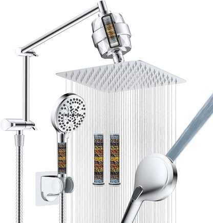 Metal Rain Filtered Shower Head with Handheld, 10" High-Pressure,10-Mode | Chrome, Rainfall Showerhead with 5" Large Handheld Powerful Wash Mode, Adjustable 16" Extension Arm/71" Hose, 20-Stage Filter