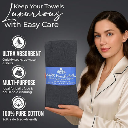 DAN RIVER 24 Pack Cotton Wash Cloths Set for Showering [12x12] Charcoal | Lighter Weight, Quick to Dry, Super Soft & Absorbent Face Towels, Hotel Quality, Perfect for Bathroom, Gym, Spa